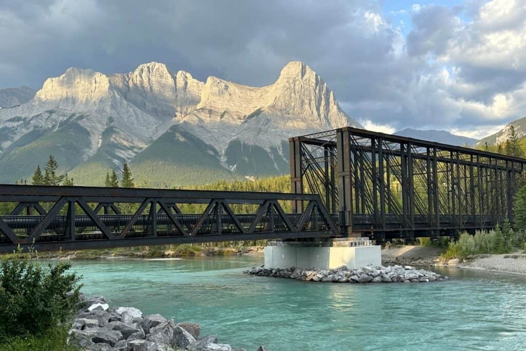 The engine bridge in canmore alberta crosses the bow river in the beautiful rocky mountains