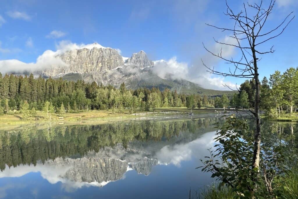 Stunning quarry lake canmore alberta on a sunny summer morning with mountains and trees reflected in the water