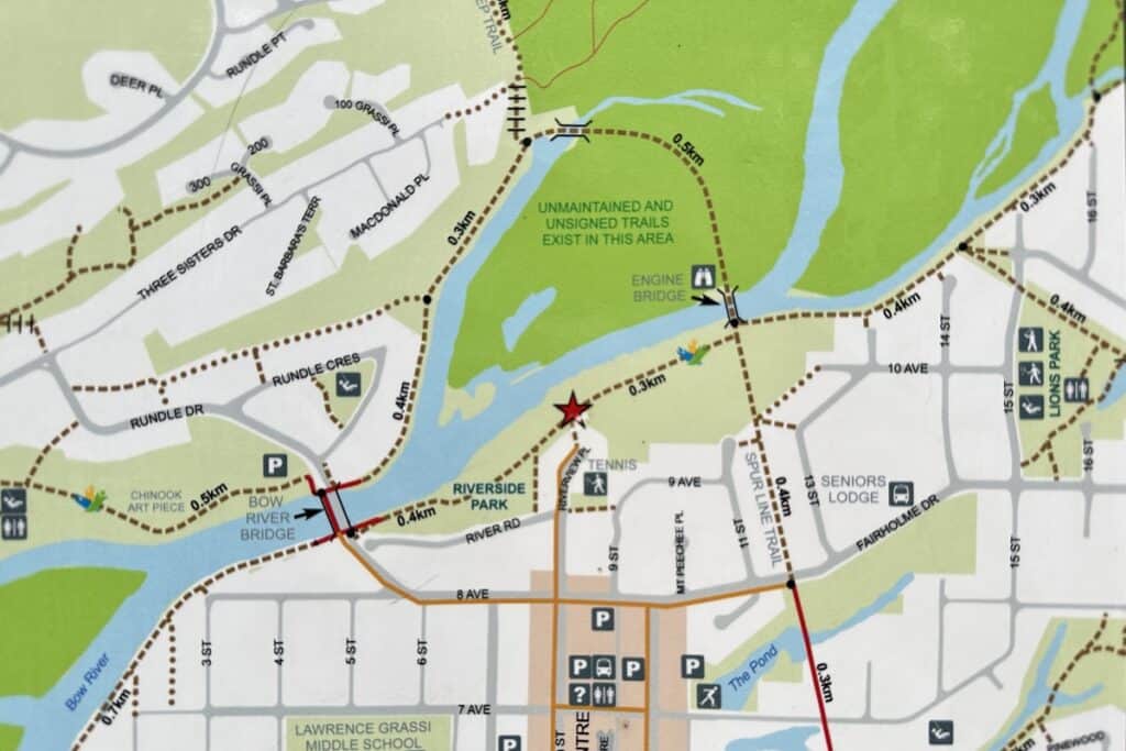 A map of the bow valley trail loop canmore alberta which shows the location of canmore engine bridge