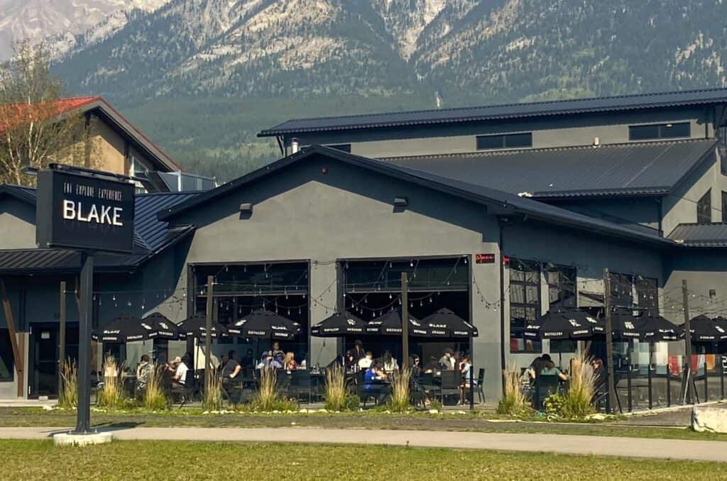 Outdoor patio at the blake brewhouse and distillery one of the popular breweries in canmore alberta