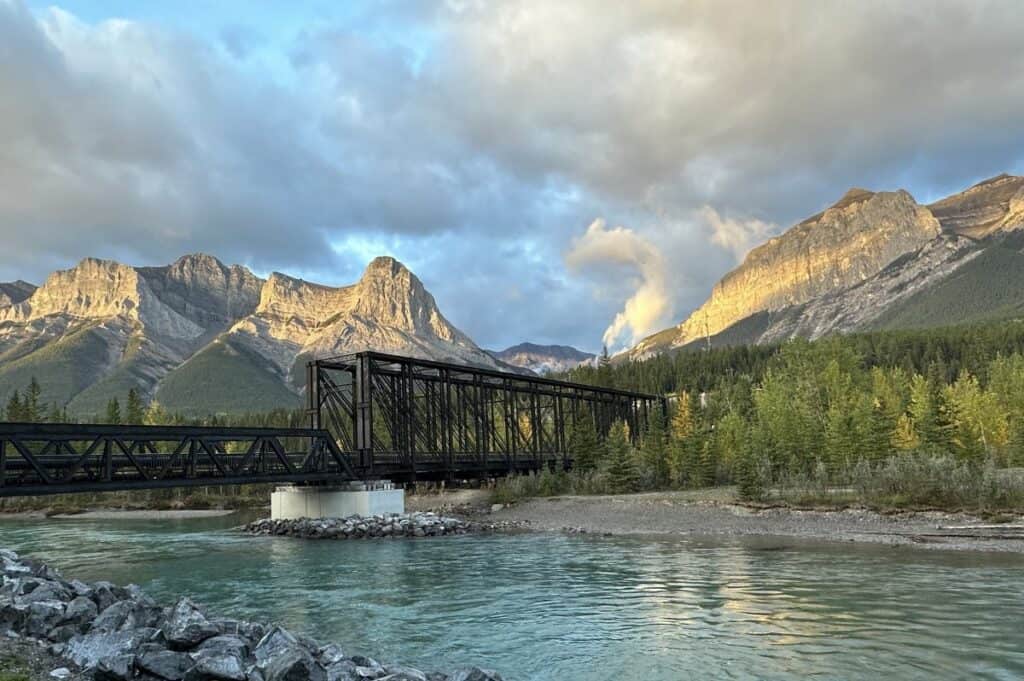 A view of the engine bridge and ha ling peak from the bow river loop trail canmore