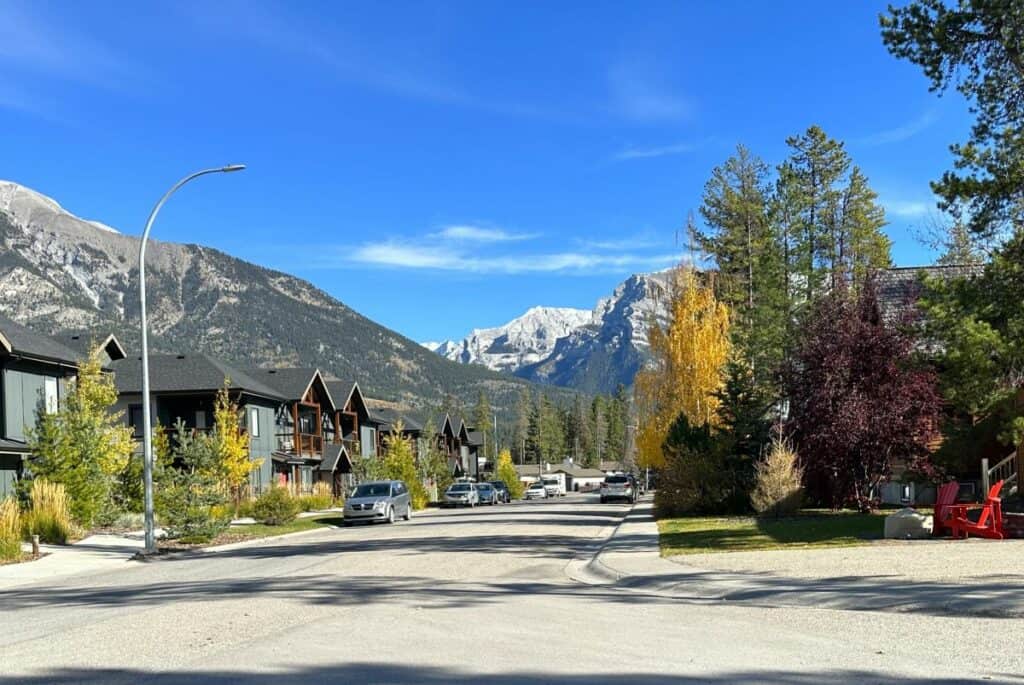 Larch residential area on a sunny day with yellow fall trees living in canmore alberta