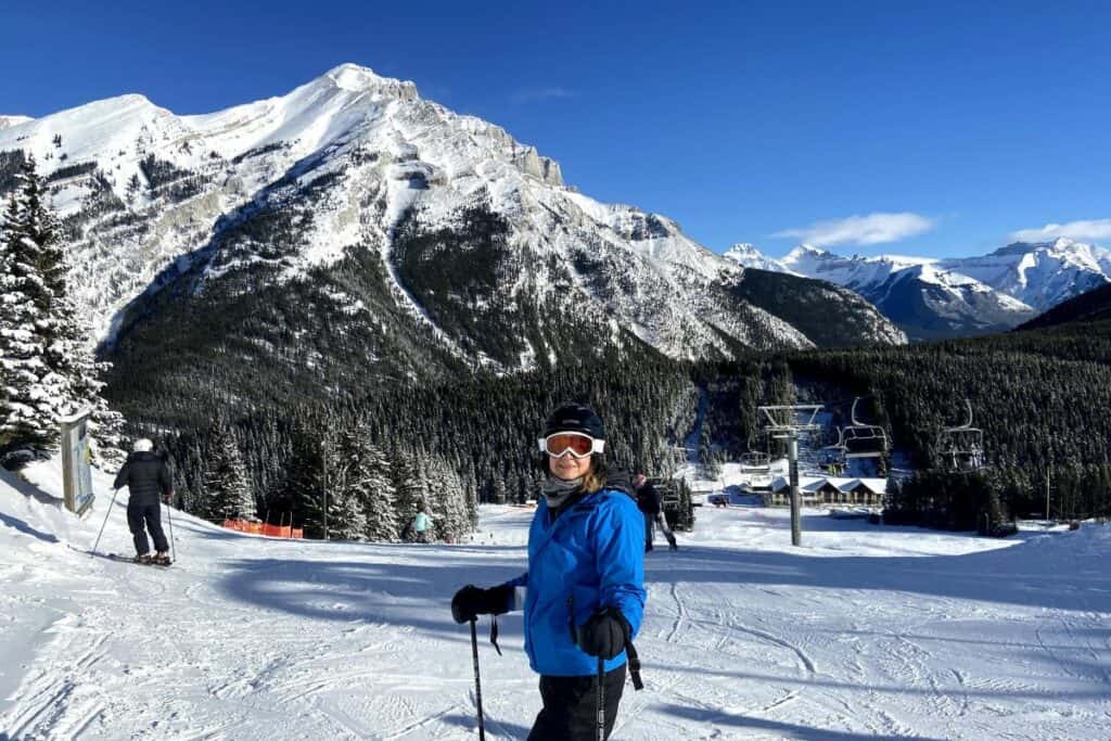 Jill skiing at norquay resort easy access for those living in canmore alberta