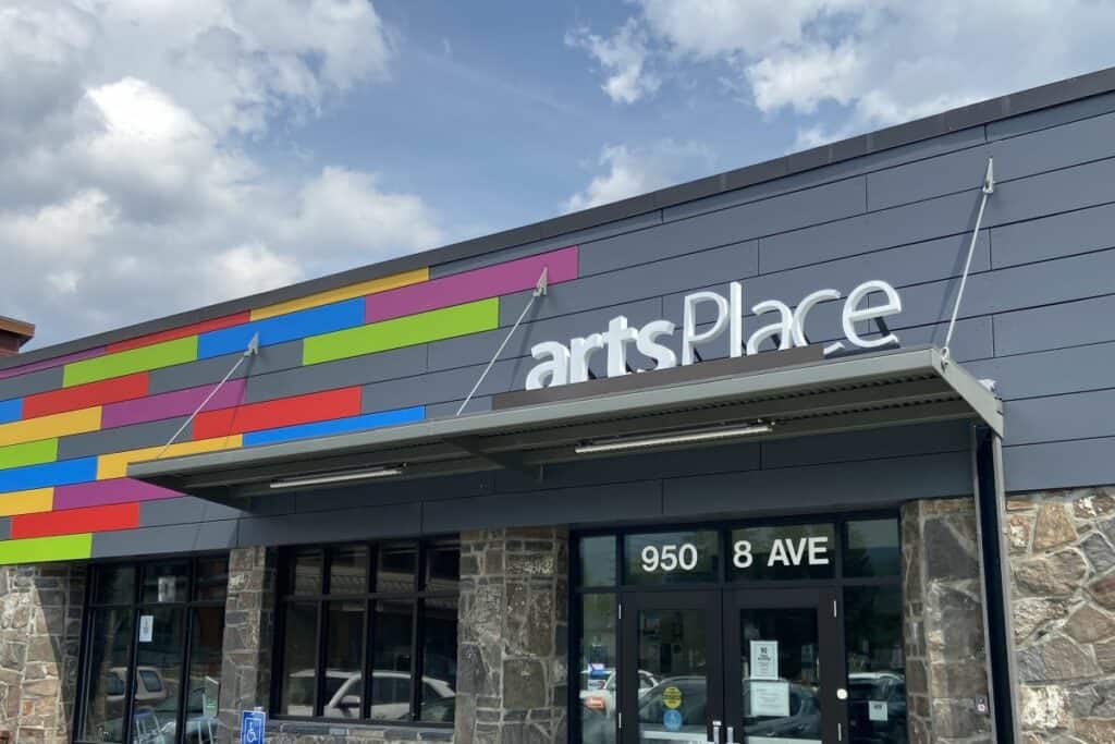 Entrance to artsplace venue for movies things to do in canmore at night