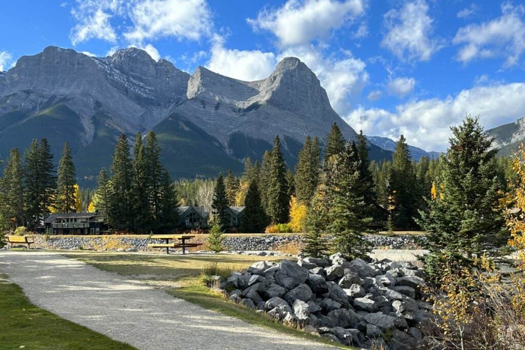 View of ha ling peak from riverside park on a sunny fall day one of the best free things to do in canmore