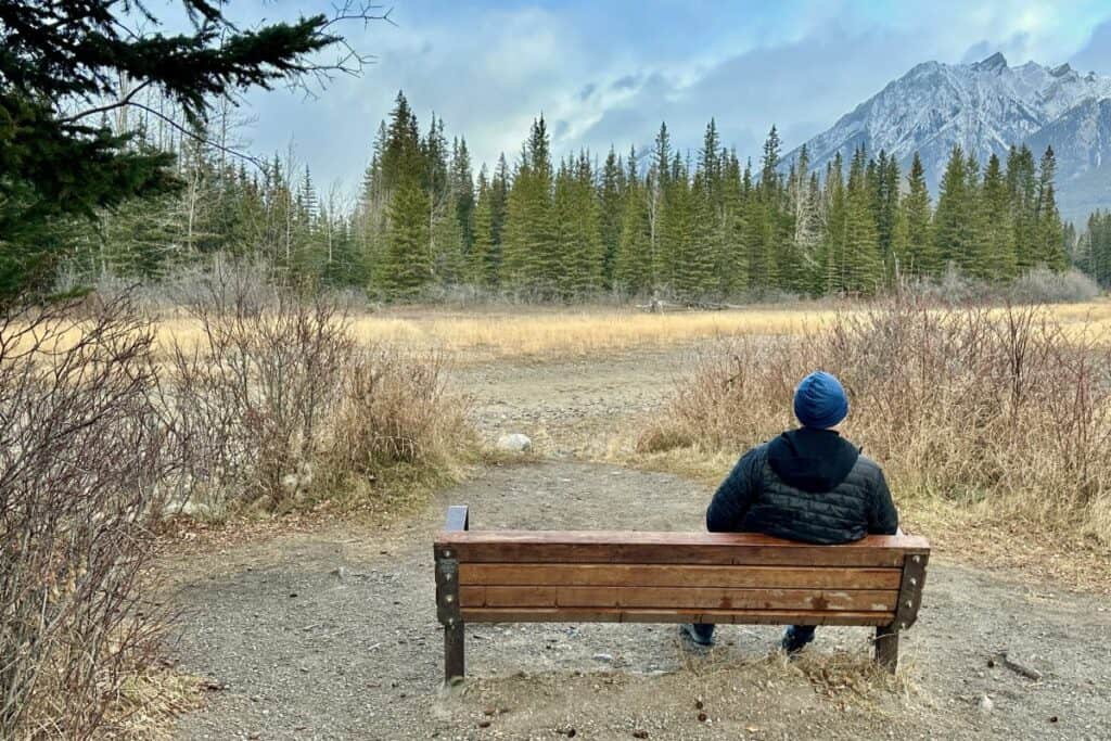 A man relaxes on a bench on larch island interpetive trail canmore alberta